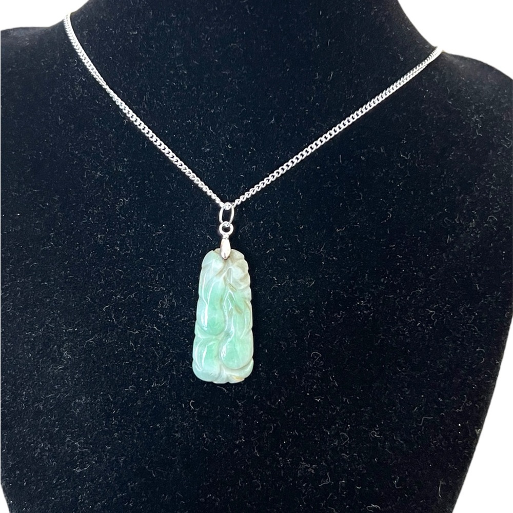 Vintage carved jade Pendant with silver Necklace